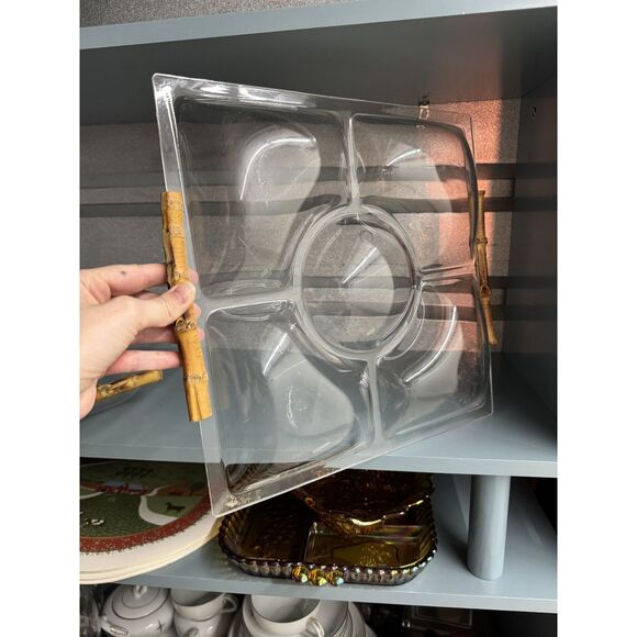 Vintage 1970s Lucite Acrylic Bamboo Handle Serving Tray Set – Mid Century Modern - Picture 5 of 15